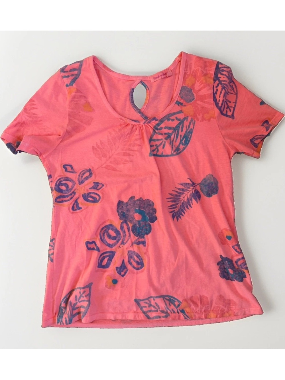 Fresh Produce Top Women Size XS Coral Pink Tropical Floral‎ Cotton  Keyhole Back